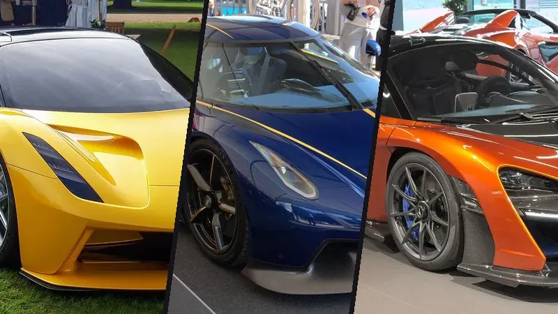 Collage of Lotus Evija, Koenigsegg Jesko Absolut and McLaren Senna